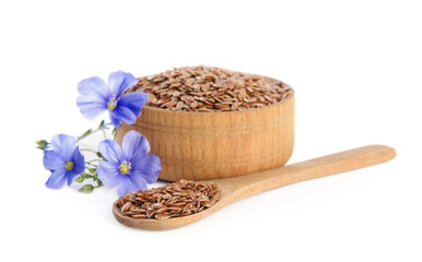 Flax flowers and seeds on white background