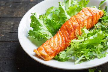 salmon fish grill seafood fried grilled snack meal on the table copy space food background 
