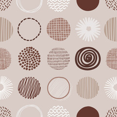 Hand drawn round decor abstract elements in rows.  Isolated vector colorful seamless pattern on light background. Brown beige neutral color palette.
