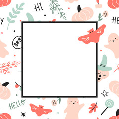Childish frame with cute Halloween on a white background. Trendy square art template with bat. Suitable for social media posts mobile apps banners design and web internet ads, Halloween party