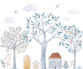 Beautiful winter composition with hand drawn watercolor cute trees and houses. Stock illustration.