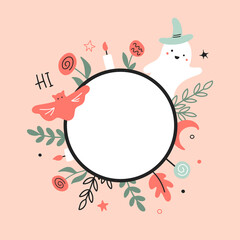 Childish frame with cute flowers on a peach background. Trendy circle art template with floral elements. Suitable for social media posts mobile apps banners design and web internet ads Halloween party