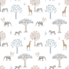 Beautiful seamless pattern with hand drawn watercolor cute trees and safari elephant giraffe zebra animals. Stock illustration.