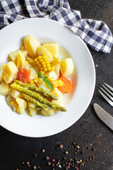 potatoe stewed vegetable stew ragout home cooking food no meat meal snack on the table copy space food background rustic top view 