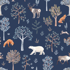 Beautiful winter seamless pattern with hand drawn watercolor cute trees and forest bear fox deer animals. Stock illustration.
