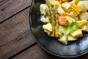 potatoe stewed vegetable stew ragout home cooking food no meat meal snack on the table copy space food background rustic top view 