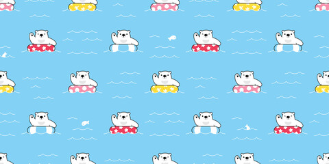 Bear seamless pattern polar swimming ring pool sea vector beach teddy doodle cartoon scarf gift wrapping paper tile background repeat wallpaper illustration design © CNuisin