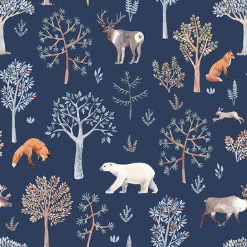 Beautiful winter seamless pattern with hand drawn watercolor cute trees and forest bear fox deer animals. Stock illustration. © zenina