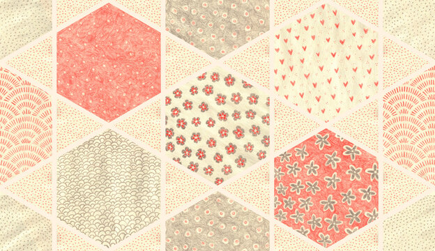 Seamless pattern in patchwork style. Cute blanket print drawn with pencils. Vintage ornament for home decor, textiles.