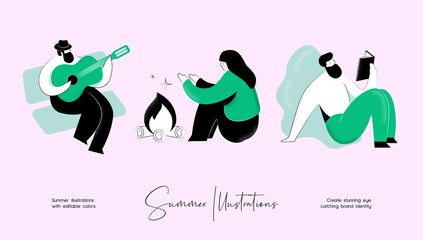 Summer vector colourful illustration set of people activity
