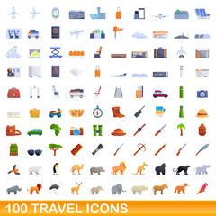 100 travel icons set. Cartoon illustration of 100 travel icons vector set isolated on white background