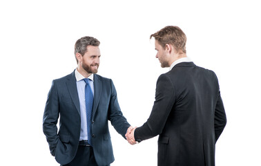 two businessmen colleagues shaking hands after successful business deal, cooperation