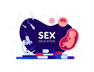 Sex education concept. Vector flat illustration. Modern banner template. Sperm, fetus in womb, fertilization sign and book, microscope study symbol with text on blue background isolated on white.