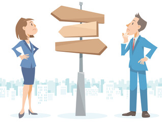 Two businessperson are standing at crossroads. Vector illustration in flat cartoon style.