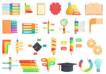Education workflow icons set cartoon vector. Target search. Job certificate