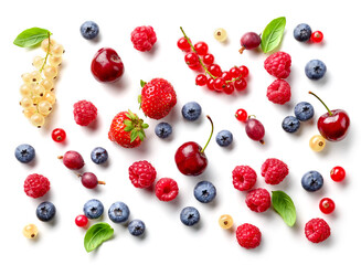 composition of fresh berries and green leaves
