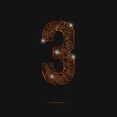 Abstract isolated orange image of a number three. Polygonal illustration looks like stars in the blask night sky in spase or flying glass shards. Digital design for website, web, internet. © Katsiaryna