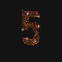 Abstract isolated orange image of a number five. Polygonal illustration looks like stars in the blask night sky in spase or flying glass shards. Digital design for website, web, internet. © Katsiaryna