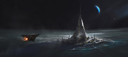 Human base on an alien planet, 3D illustration. © liuzishan