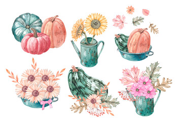 Autumn compositions with pumpkins, flowers and leaves. Autumn watercolor illustrations with fading leaves and flowers, autumn elements for design.Autumn pumpkin painted in watercolor. © SashaKondr
