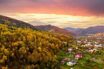 Aerial view of a rural village with small houses between autumn mountain hills covered with yellow and green pine trees.