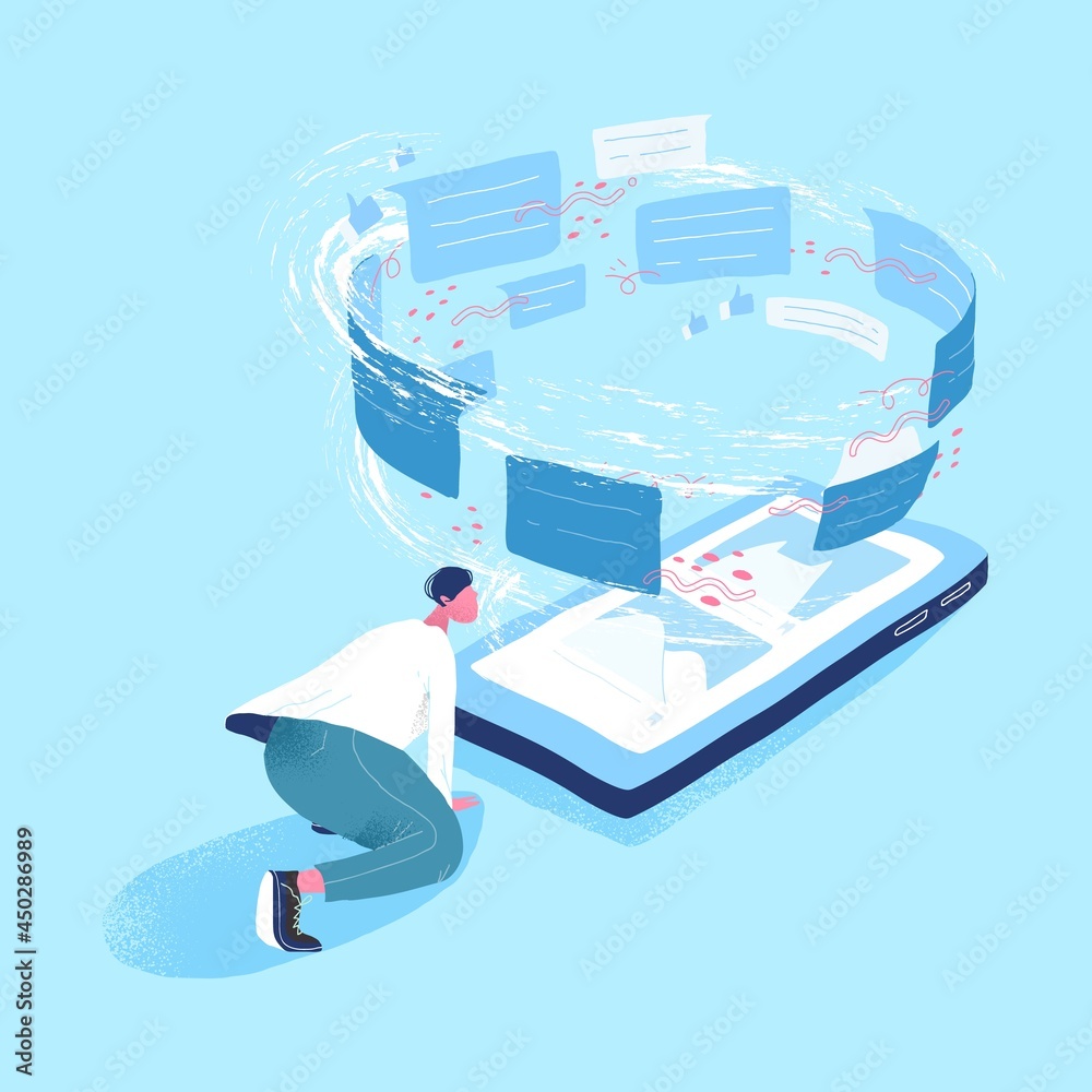Poster Man looking at giant smartphone and vortex of messages. Concept of information flow, internet communication via messenger, data transfer, online instant messaging. Modern flat vector illustration
