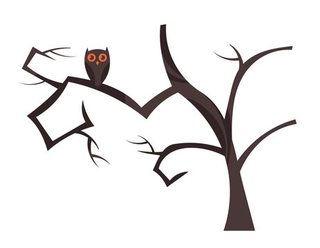 Owl sitting on tree with fallen leaves. Halloween design element.