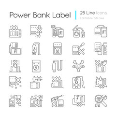 Obraz na płótnie Canvas Power bank usage linear manual label icons set. Prolonging charger life. Customizable thin line contour symbols. Isolated vector outline illustrations for product use instructions. Editable stroke