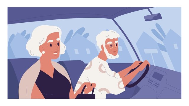 Side view of old gray-haired couple inside car on summer evening. Scene with elegant senior people driving auto. Colored flat vector illustration of happy elderly man and woman in automobile