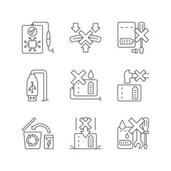 Power bank instruction linear manual label icons set. Short-circuiting risk. Customizable thin line contour symbols. Isolated vector outline illustrations for product use instructions. Editable stroke