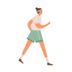 Young woman walking in sportswear and sport headband. Sportswoman running or jogging in shorts, t-shirt and sweatband. Colored flat vector illustration of runner isolated on white background