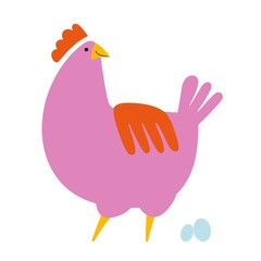 Vector illustration with happy pink chicken and eggs. Trendy print design with cartoon style animal