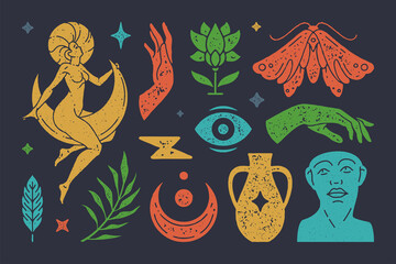 Boho goddess on crescent moon surrounded by stars. Magic hand gestures with mystical eye. Vector esoteric symbols set