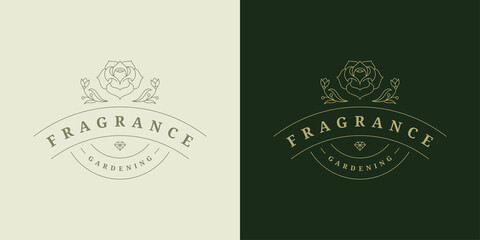 Fototapeta na wymiar Blooming rose flower logo emblem design template vector illustration in minimal line art style