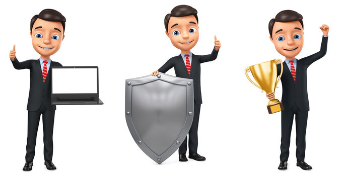 Businessman with a gold cup on a white background. 3d render illustration. Businessman with laptop shows thumb up. Cartoon character businessman with big shield on a white background.