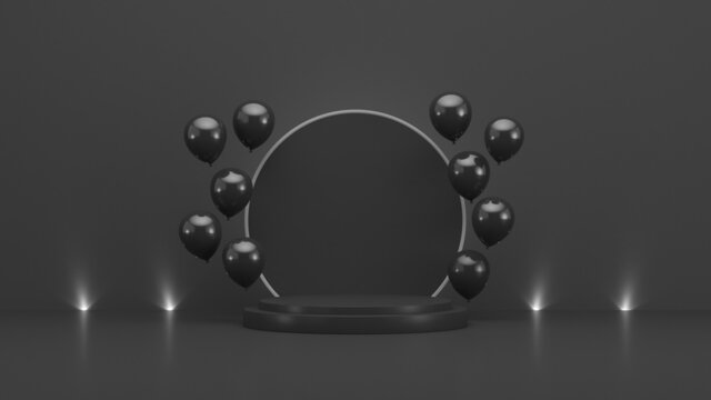 Black Friday. Cylindrical podium and black shiny inflatable balls on a black background. 3d render illustration.