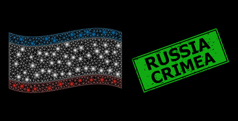 Glowing mesh network waving Crimea flag with light spots, and distress Russia Crimea rectangle seal. Green rectangle Russia Crimea scratched seal stamp.