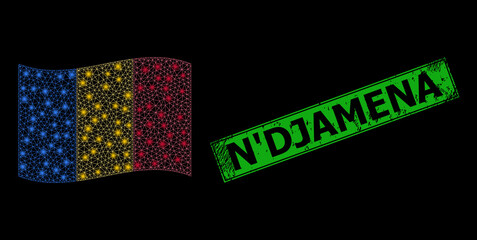 Glare mesh polygonal waving Chad flag with light spots, and scratched N'Djamena rectangle seal. Green rectangle N'Djamena distress seal. Illuminated vector model created from windy Chad flag icon.