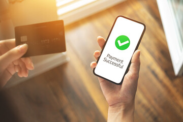 Payment successful and credit card, woman with smartphone making online order or purchase in internet, banking and transfer technology concept