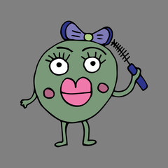 funny girl character with different emotions. The girls are holding different cosmetics in their hands. A girl with plump lips holds mascara in her hands. Vector. Isolated over white background