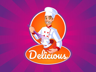 bakery mascot logo male chef making cookie dough
