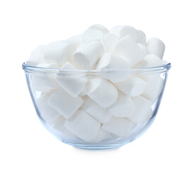 Delicious puffy marshmallows in glass bowl on white background