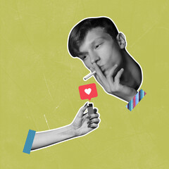 Art collage with young smoking man and social media activity sign, likes icon, heart shape over light background. Youth lifestyle, internet addiction, gadgets concept