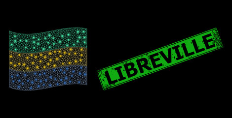 Shiny mesh polygonal waving Gabon flag with light spots, and scratched Libreville rectangle stamp. Green rectangle Libreville distress seal stamp.