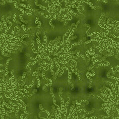 Seamless pattern with delicate curls on a green background. Bundled spiral lines
in the form of large bunches of grass. Drawing for wallpaper or wrapping paper.