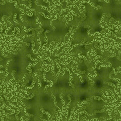 Seamless pattern with delicate curls on a green background. Bundled spiral lines
in the form of large bunches of grass. Drawing for wallpaper or wrapping paper.