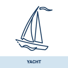 Sailing yacht with sails in the ocean outline monochrome icon with title. Concept of travel, summer vacation and rest. Vector monochrome illustrations isolated on white background.