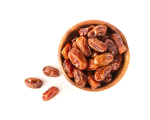 Dried dates in wooden bowl isolated on white