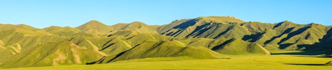Green meadow in mountain.Composition of nature.Green grassland in Xinjiang.