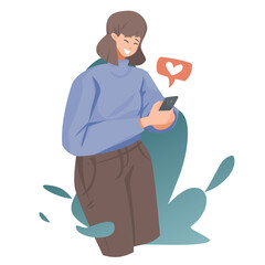 Characters woman using smartphones with social media, concept of watching live streaming social network emoticons and chatting, cartoon flat lifestyle vector illustration